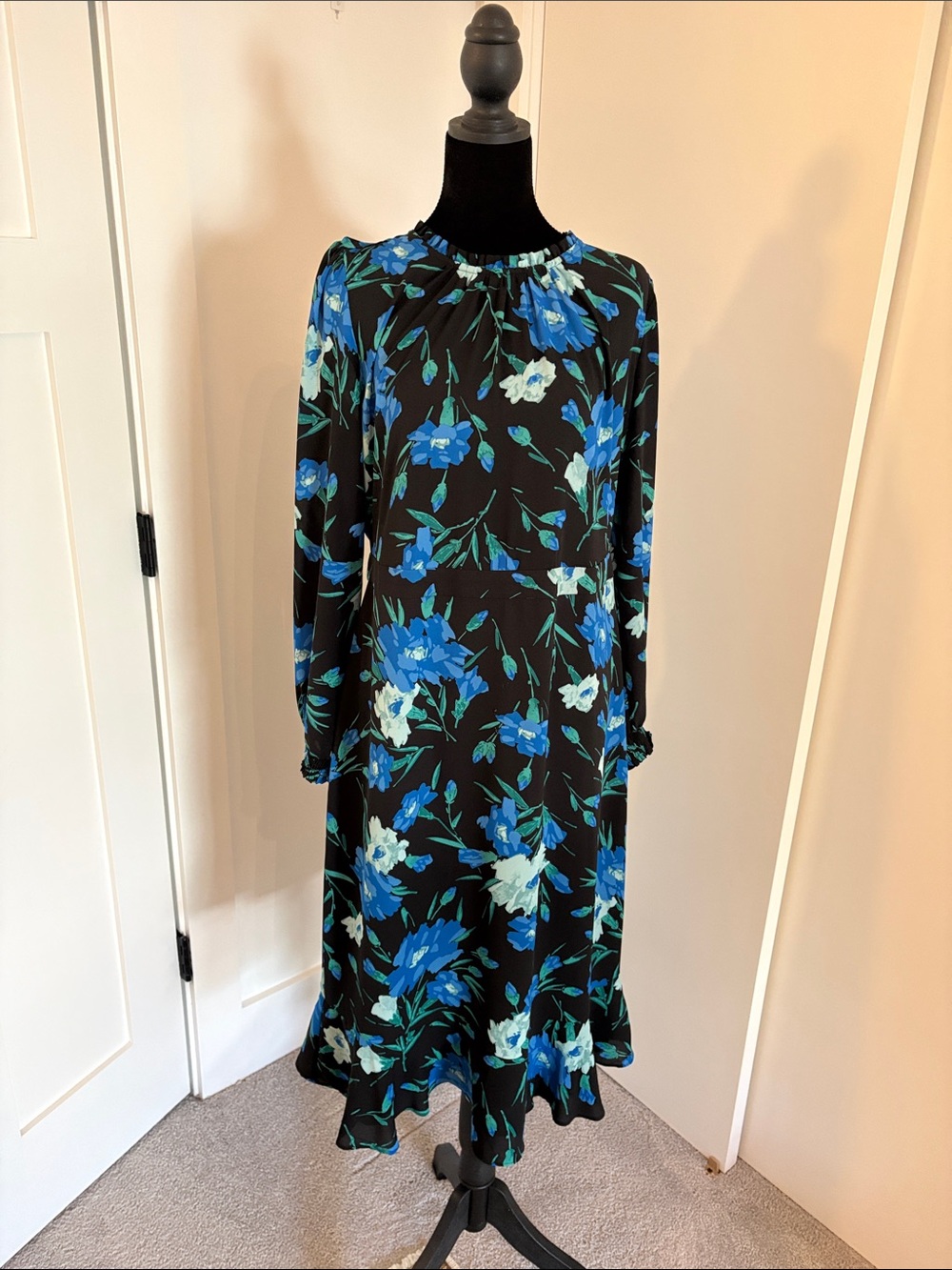 J. Crew Black Long-Sleeve Floral Midi Dress with Blue and Aqua Flowers
